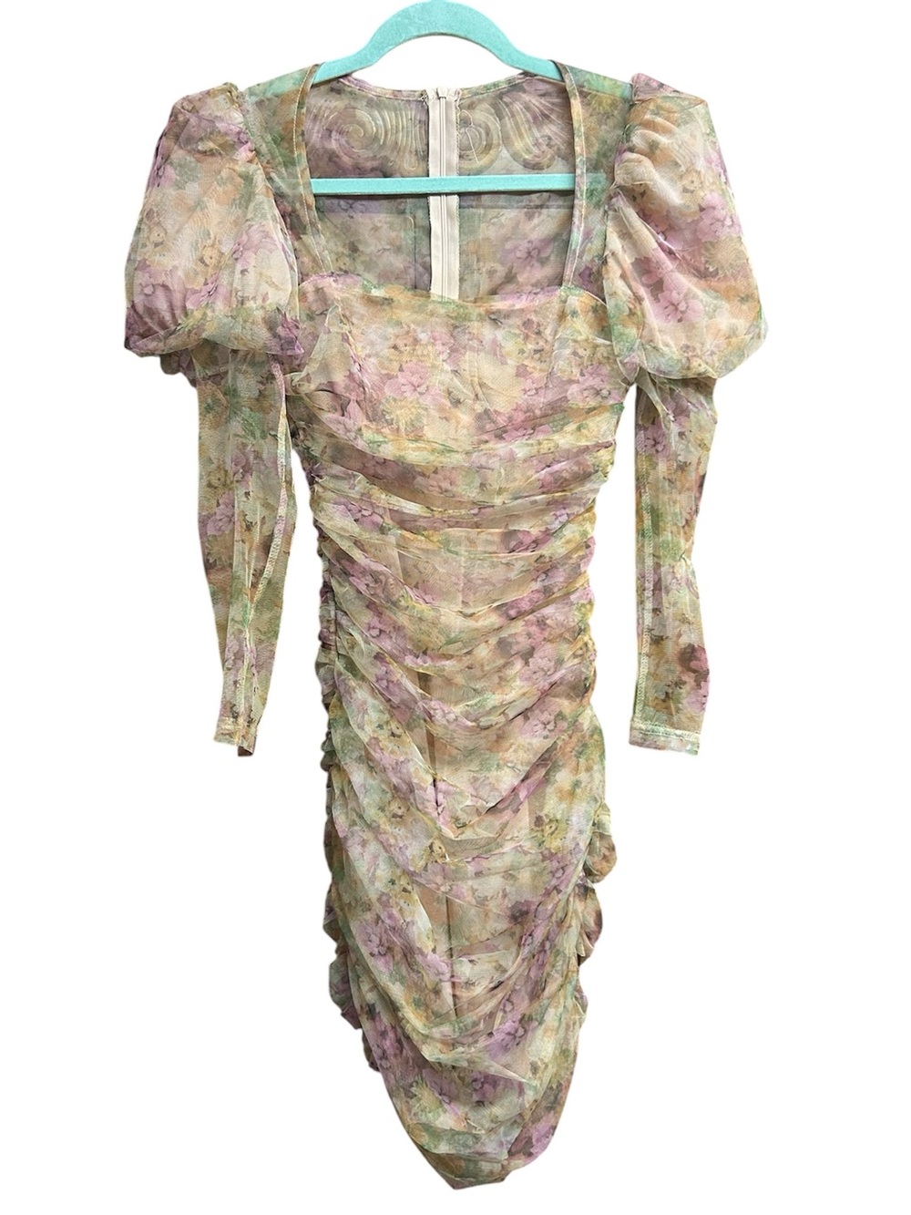 Missguided Pastel Floral Sheer Puff Sleeve Mini Dress